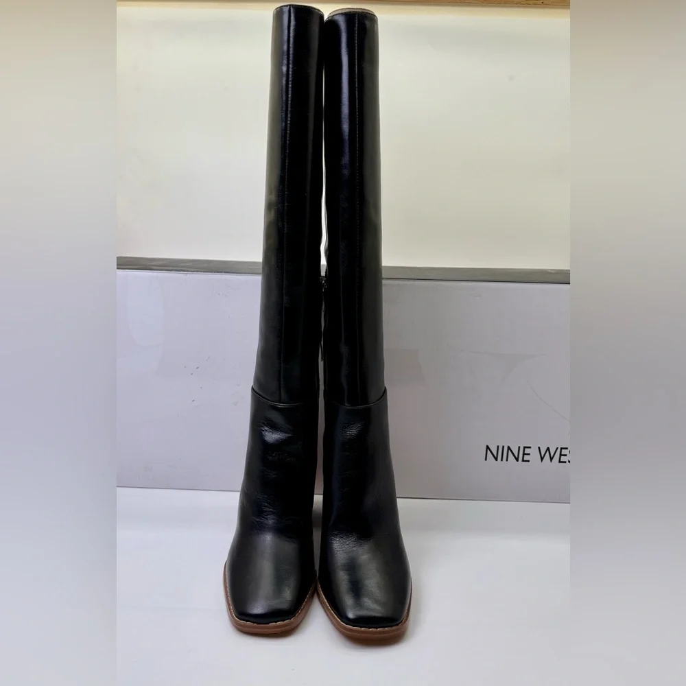 Nine West Tall Black Leather‎ Block Heel Boots – Size 5 – New in Box
